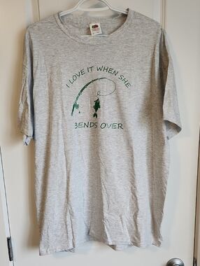 Fruit of the Loom Gray Tee with Green Fishing Graphic